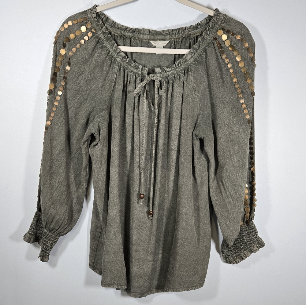 Cato Boho‎ Blouse Olive Green Gold Beaded Sleeve Women’s Medium